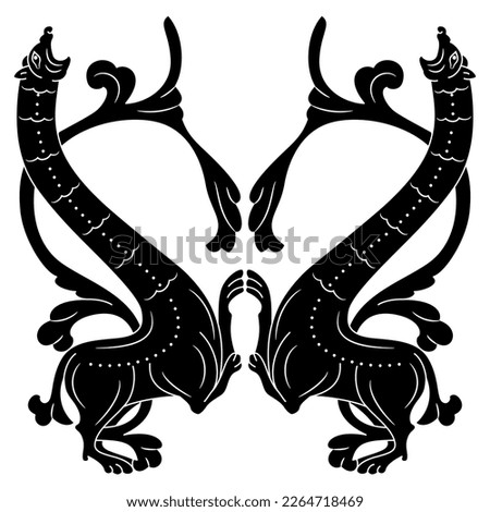 Symmetrical design with two medieval dragons with long necks and tails as floral branches. Illuminated manuscript style. Black and white negative silhouette.