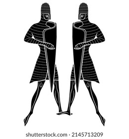 Symmetrical design with two medieval knights in armor with shields. Creative concept for conflict and opposites. Black and white silhouette.