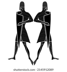 Symmetrical design with two medieval knights in armor with shields looking in opposite directions. Black and white silhouette.