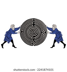 Symmetrical design with two medieval men holding a round spiral maze or labyrinth symbol or target sign. Creative concept. Isolated vector illustration.