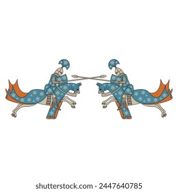 Symmetrical design with two medieval riders. Fighting knights with spears riding horses. 
