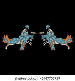Symmetrical design with two medieval riders. Fighting knights with spears riding horses. 