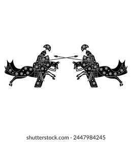 Diseño simétrico con dos pilotos medievales. Combatiendo caballeros con lanzas montando caballos. Silueta en blanco y negro. 
