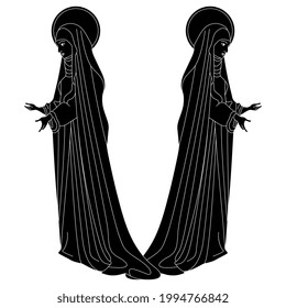Symmetrical design with two medieval saint women. Standing Catholic nuns with nimbus. Black and white negative silhouette.