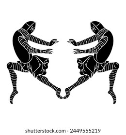 Symmetrical design with two medieval soldiers in dynamic pose. Black and white silhouette.
