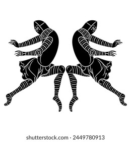 Symmetrical design with two medieval soldiers in dynamic pose. Black and white silhouette.