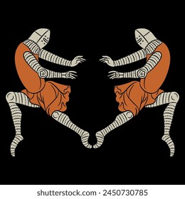 Symmetrical design with two medieval soldiers in dynamic pose. On black background.