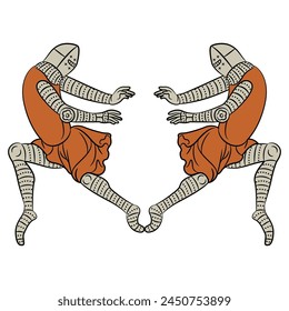 Symmetrisches Design mit zwei mittelalterlichen Soldaten in dynamischer Pose. Isolierte Vektorillustration.