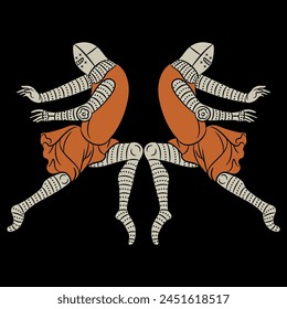 Symmetrical design with two medieval soldiers in dynamic pose. On black background.