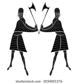 Symmetrical design with two medieval warriors fighting with battle axes. Black and white negative silhouette. Isolated vector illustration.