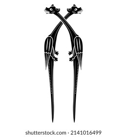 Symmetrical design with two medieval winged dragons. Gothic illuminated manuscript design. Fantastic animal. Isolated vector illustration. Black and white negative silhouette.