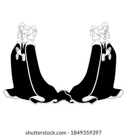 Symmetrical design with two medieval women. Black and white silhouette.