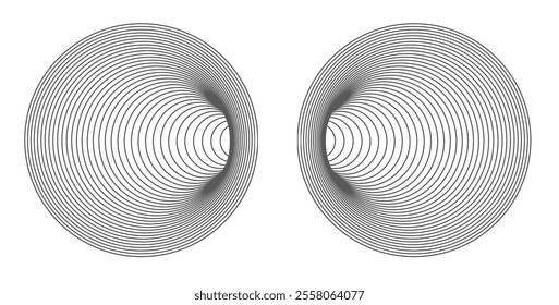 Symmetrical design of two mirrored circles with concentric black lines on a white background.