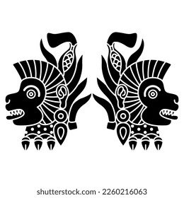 Symmetrical design with two monkey heads wearing earring and plumage crown. Ozomatli. Native American animal design of Aztec Indians. From Mexican codex. Black and white silhouette.