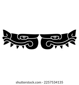 Diseño simétrico con dos cabezas de animales monstruo con dientes afilados. Arte nativo americano de indígenas aztecos de códice mexicano. Silueta negativa en blanco y negro.