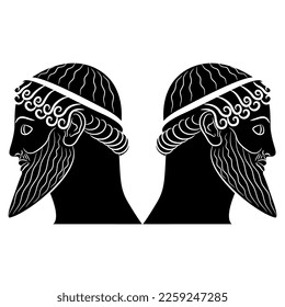 Symmetrical design with two opposite heads of bearded ancient Greek men. Two-faced Janus. Black and white silhouette.