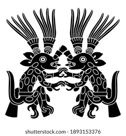 Symmetrical design with two plumed jaguars. Native American pre Columbian art of Aztec Indians. Black and white silhouette.