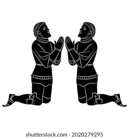 Symmetrical design with two praying kneeling medieval knights. Man wearing armor. Black and white negative silhouette.
