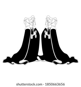 Symmetrical design with two praying medieval women. Black and white silhouette.