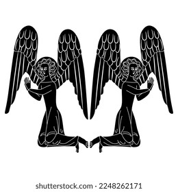 Symmetrical design with two praying medieval angel. Isolated vector illustration. Black and white silhouette.