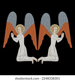 Symmetrical design with two praying medieval angel. On black background.