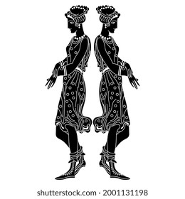 Symmetrical design with two pretty standing young women in short dresses. Ancient Greek vase painting style. Black and white negative silhouette.