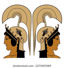 Symmetrical design with two profile heads ancient Greek goddess Athena Pallas or Minerva wearing helmet. Vase painting style. 