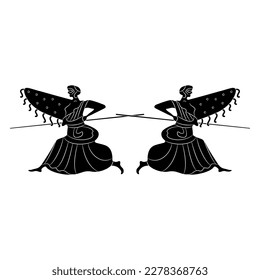 Symmetrical design with two running ancient Greek warrior women with shields and spears. Goddess Athena or Amazon. Black and white silhouette. Vase painting style.