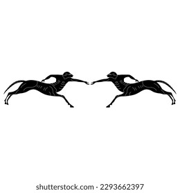 Symmetrical design with two running ancient Greek centaurs. Half men half horses. Vase painting style. Black and white silhouette.