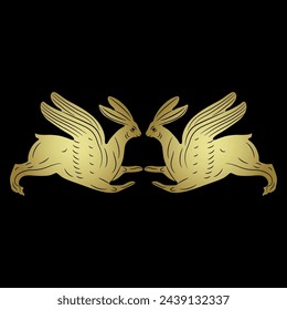 Symmetrical design with two running funny winged hares or rabbits. Easter ornament. Ancient Greek or Roman animal motif. Golden glossy silhouette on black background.