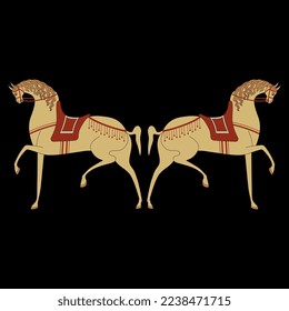 Symmetrical design with two saddled stylized horses. Russian folk style. On black background.