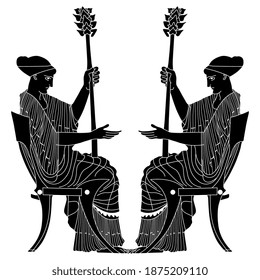 Symmetrical design with two seated ancient Greek women holding thyrsus. Black and white silhouette.