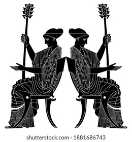 Symmetrical design with two seated ancient Greek women holding thyrsus. Black and white silhouette.