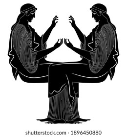 Symmetrical design with two seated ancient Greek goddesses or women. Vase painting style. Black and white silhouette.