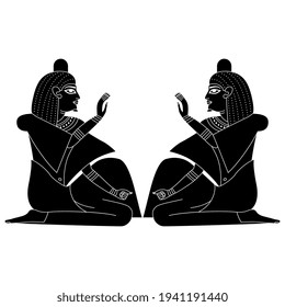 Symmetrical design with two seated ancient Egyptian men or pharaohs. Blessing gesture. Black and white silhouette.