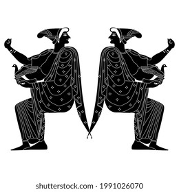Symmetrical design with two seated ancient Greek goddesses or women holding birds. Black and white negative silhouette.
