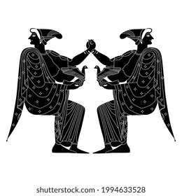 Symmetrical design with two seated ancient Greek goddesses or women holding birds. Black and white negative silhouette.