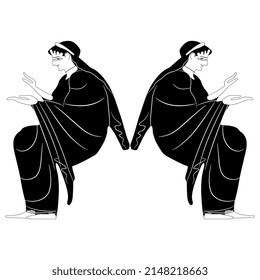 Symmetrical design with two seated ancient Greek women or goddesses. Vase painting style. Black and white silhouette.