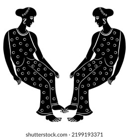 Symmetrical design with two seated ancient Greek women in polka dot dress. Vase painting style. Black and white negative silhouette.