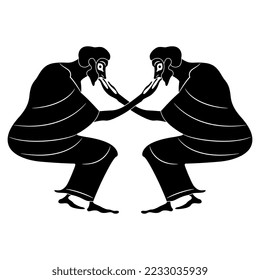 Symmetrical design with two seated ancient Greek men with crossed arms. Black and white silhouette. Vase painting style.