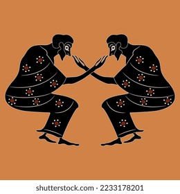 Symmetrical design with two seated ancient Greek men with crossed arms. Vase painting style. 