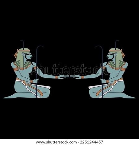Symmetrical design with two seated ancient Egyptian men. Nile god Hapi. On black background.