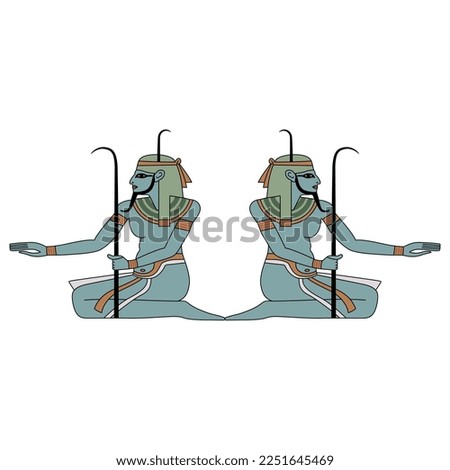Symmetrical design with two seated ancient Egyptian men. Nile god Hapi. Isolated vector illustration.