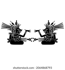 Diseño simétrico con dos diosas aztecas sentadas. Arte nativo americano del códice mexicano. Mitología indígena. Silueta negativa en blanco y negro.