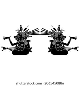 Diseño simétrico con dos diosas aztecas sentadas. Arte nativo americano del códice mexicano. Mitología indígena. Silueta negativa en blanco y negro.