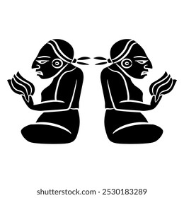 Symmetrical design with two seated Mayan men. Ethnic Native American design. Black and white silhouette.