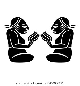 Symmetrical design with two seated Mayan men. Ethnic Native American design. Black and white silhouette.