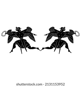 Symmetrical design with two silhouettes of winged ancient Greek goddess Nike. Flying Victory holding laurel wreath. Black and white negative silhouette. Vase painting style. 