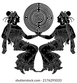 Symmetrical design with two sitting ancient Greek women holding round spiral maze or labyrinth symbol. Creative concept. Ariadne and Pasiphae. Black and white silhouette. 