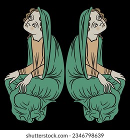 Symmetrical design with two sitting medieval women. Illuminated manuscript motif. On black background.